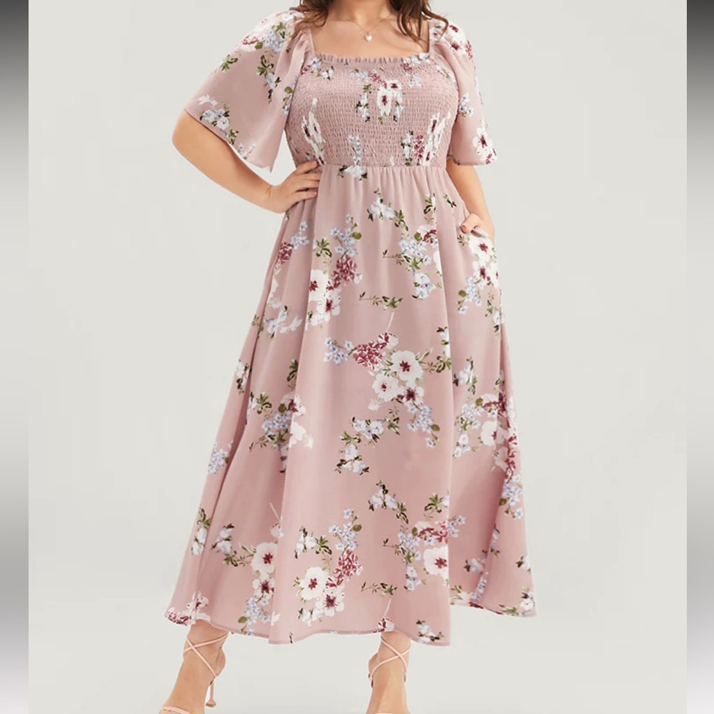 Floral Square Neck Ruffles Pocket Shirred Split Dress